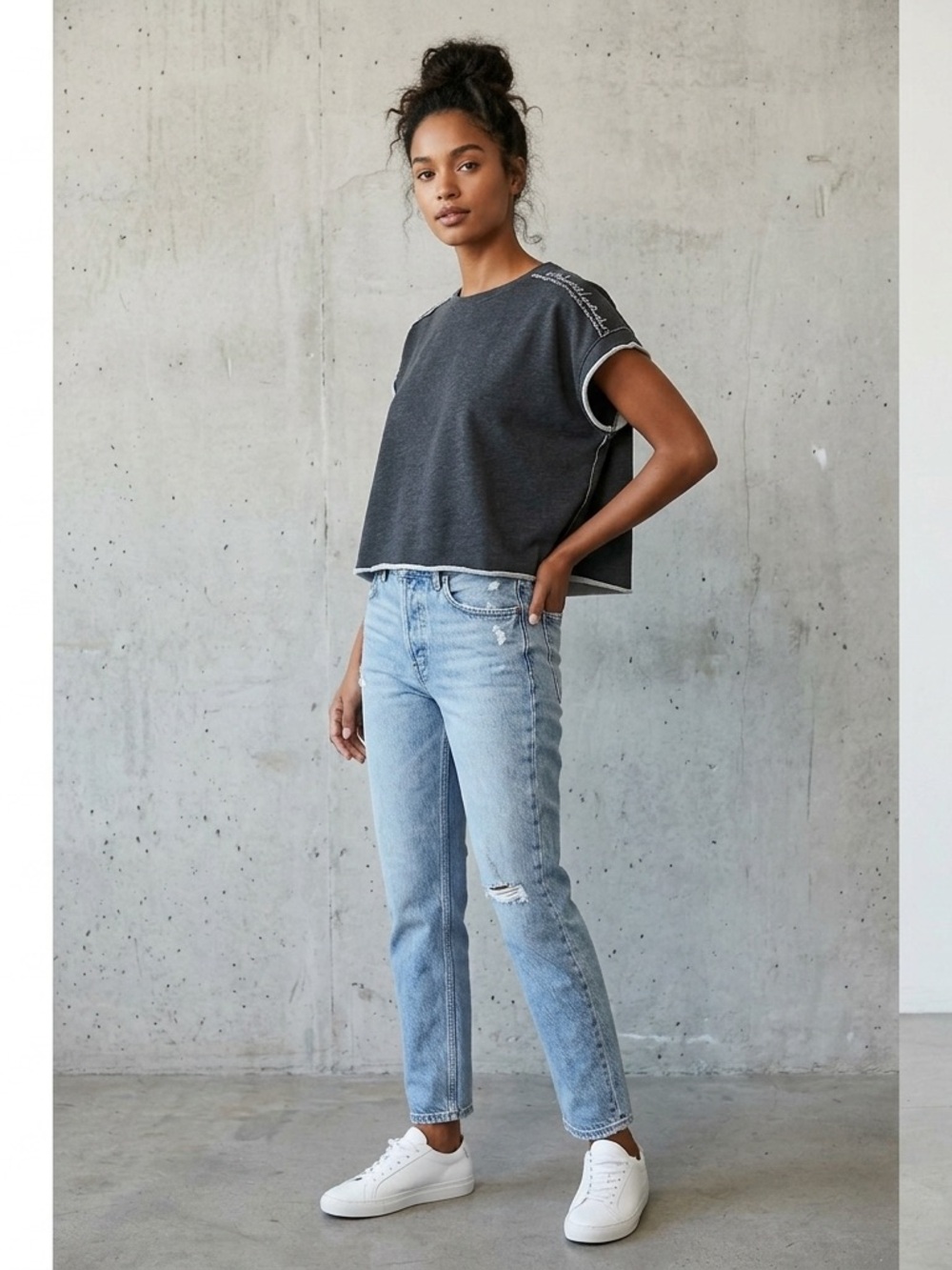 Paper Label Raw Edge Oversized Cropped Short Sleeve Sweatshirt Size Small